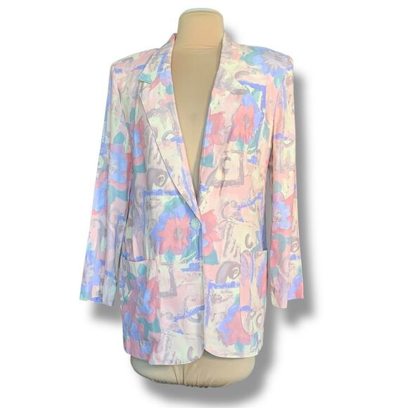 Vintage 90s Oversized Blazer Jacket Pastel Yellow Pink Abstract Floral Statement - Picture 1 of 11